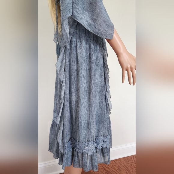 BLUE DRESS MOON RIVER RUFFLES V-NECK OPEN SLEEVES CINCHED WAIST MIDI FULL SKIRT - Picture 9 of 16